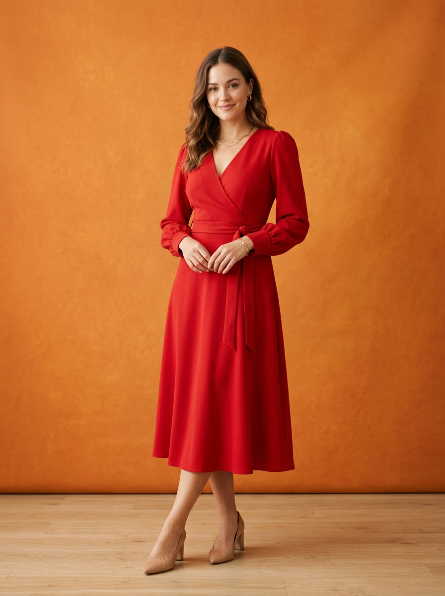 Mulher sorrindo usando vestido vermelho