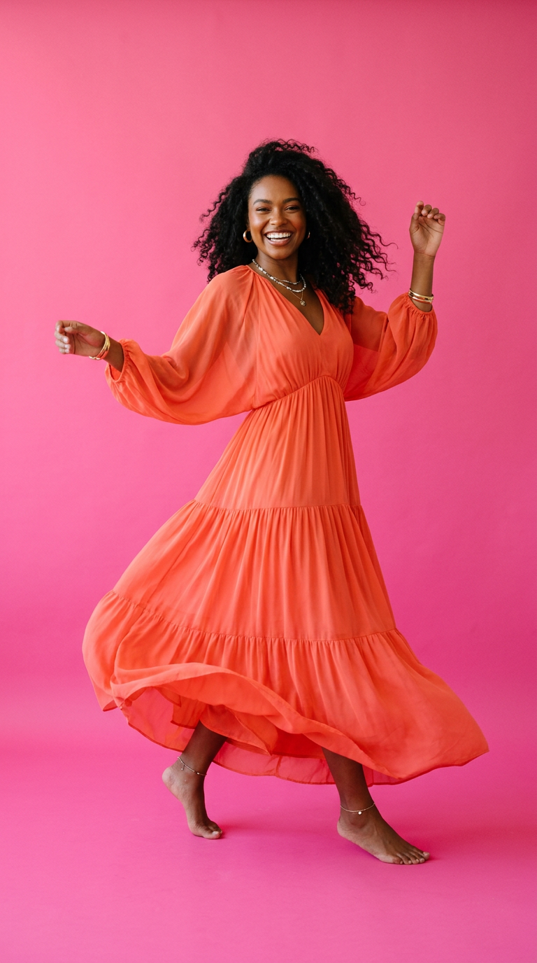 Mulher usando vestido laranja vibrante diante de um fundo rosa
