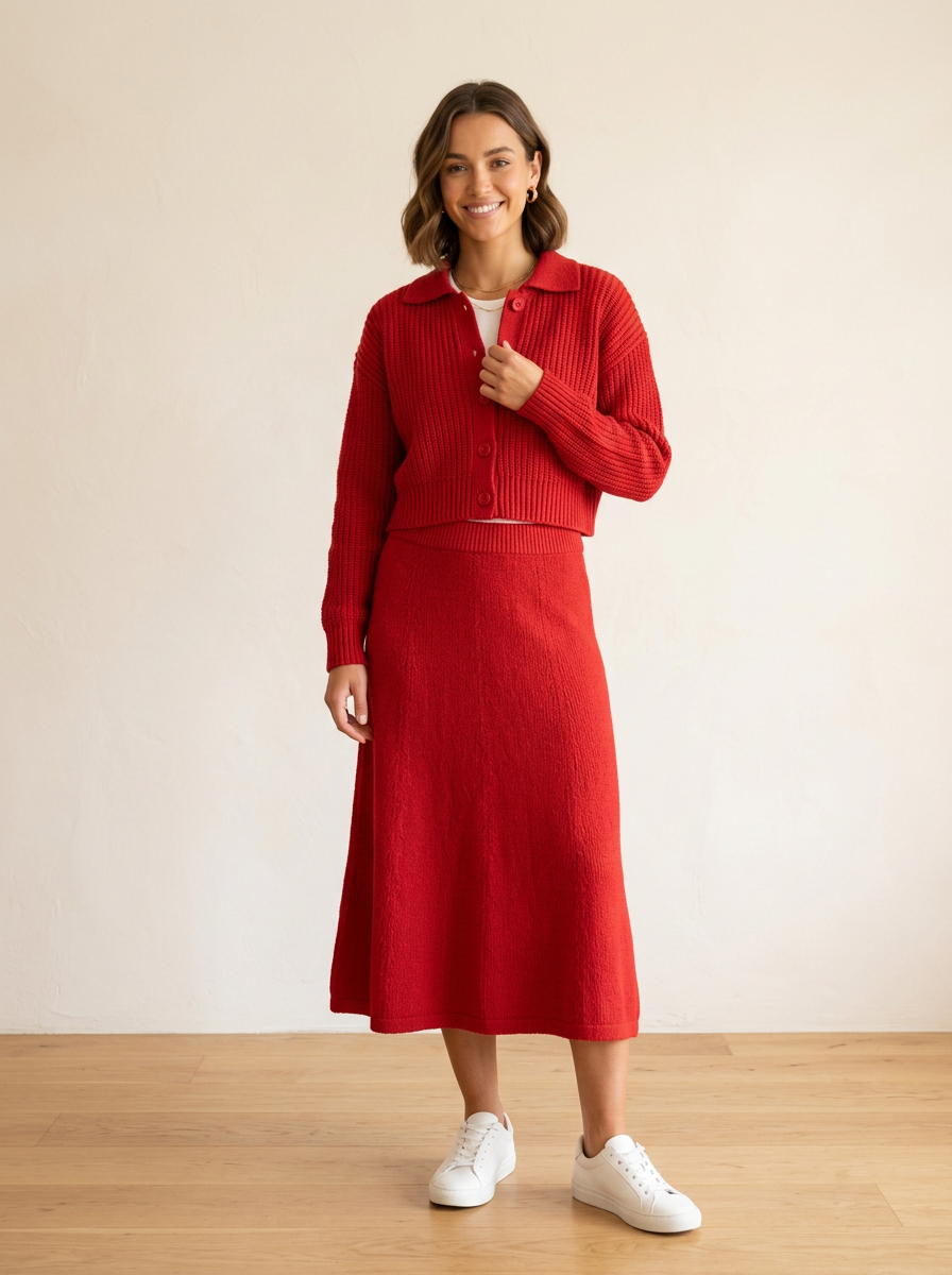 Conjunto Tricô Cardigan e Saia